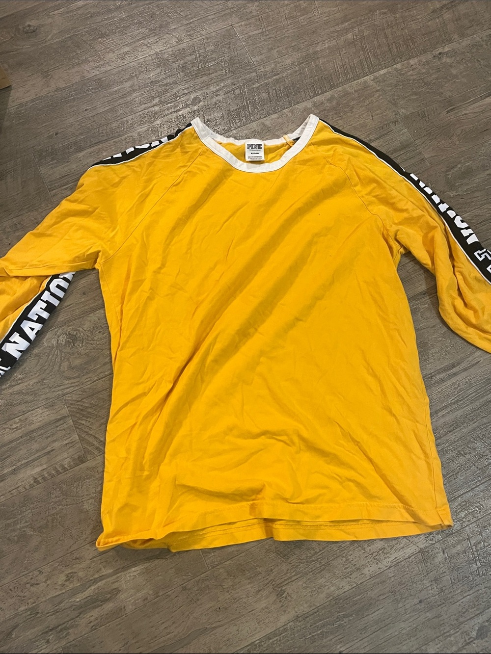 PINK Victoria's Secret Yellow Long-Sleeve Raglan Tee with Black Sleeve Tape